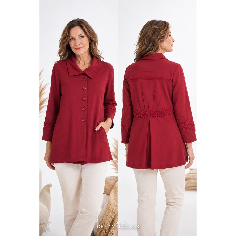 Soft Surroundings Rachel PM Red Boho‎ Embroidered Trim Jacket Coat Petite